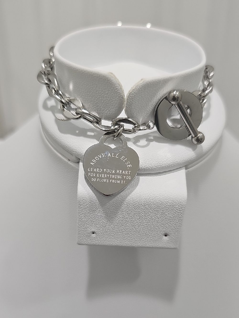 Stainless Steel Heart Charm Toggle Bracelet - Above All Else (Proverb)